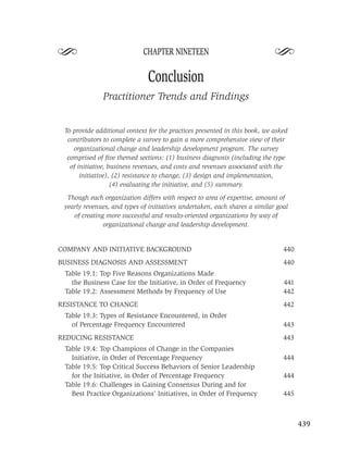 S                            CHAPTER NINETEEN
                                                                            S
                              Conclusion
              Practitioner Trends and Findings


 To provide additional context for the practices presented in this book, we asked
  contributors to complete a survey to gain a more comprehensive view of their
    organizational change and leadership development program. The survey
  comprised of ﬁve themed sections: (1) business diagnosis (including the type
   of initiative, business revenues, and costs and revenues associated with the
       initiative), (2) resistance to change, (3) design and implementation,
                   (4) evaluating the initiative, and (5) summary.

  Though each organization differs with respect to area of expertise, amount of
 yearly revenues, and types of initiatives undertaken, each shares a similar goal
    of creating more successful and results-oriented organizations by way of
               organizational change and leadership development.


COMPANY AND INITIATIVE BACKGROUND                                              440
BUSINESS DIAGNOSIS AND ASSESSMENT                                              440
 Table 19.1: Top Five Reasons Organizations Made
   the Business Case for the Initiative, in Order of Frequency                 441
 Table 19.2: Assessment Methods by Frequency of Use                            442
RESISTANCE TO CHANGE                                                           442
 Table 19.3: Types of Resistance Encountered, in Order
   of Percentage Frequency Encountered                                         443
REDUCING RESISTANCE                                                            443
 Table 19.4: Top Champions of Change in the Companies
   Initiative, in Order of Percentage Frequency                                444
 Table 19.5: Top Critical Success Behaviors of Senior Leadership
   for the Initiative, in Order of Percentage Frequency                        444
 Table 19.6: Challenges in Gaining Consensus During and for
   Best Practice Organizations’ Initiatives, in Order of Frequency             445



                                                                                     439
 