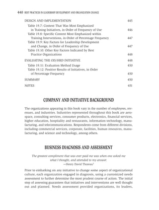 440 BEST PRACTICES IN LEADERSHIP DEVELOPMENT AND ORGANIZATION CHANGE

     DESIGN AND IMPLEMENTATION                                                   445
        Table 19.7: Content That Was Most Emphasized
          in Training Initiatives, in Order of Frequency of Use                  446
        Table 19.8: Speciﬁc Content Most Emphasized within
          Training Interventions, in Order of Percentage Frequency               447
        Table 19.9: Key Factors for Leadership Development
          and Change, in Order of Frequency of Use                               447
        Table 19.10: Other Key Factors Indicated by Best
          Practice Organizations                                                 448
     EVALUATING THE OD/HRD INITIATIVE                                            448
        Table 19.11: Evaluation Method Usage                                     450
        Table 19.12: Positive Results of Initiatives, in Order
          of Percentage Frequency                                                450
     SUMMARY                                                                     450
     NOTES                                                                       451



                     COMPANY AND INITIATIVE BACKGROUND
     The organizations appearing in this book vary in the number of employees, rev-
     enues, and industries. Industries represented throughout this book are aero-
     space, consulting services, consumer products, electronics, ﬁnancial services,
     higher education, hospitality and restaurants, information technology, manu-
     facturing, and telecommunications. Respondents come from different divisions,
     including commercial services, corporate, facilities, human resources, manu-
     facturing, and science and technology, among others.



                      BUSINESS DIAGNOSIS AND ASSESSMENT
           The greatest compliment that was ever paid me was when one asked me
                         what I thought, and attended to my answer.
                                      —Henry David Thoreau1

     Prior to embarking on any initiative to change some aspect of organizational
     culture, each organization engaged in diagnosis, using a customized needs
     assessment to further determine the most prudent course of action. The initial
     step of assessing guarantees that initiatives and interventions are well thought
     out and planned. Needs assessment provided organizations, its leaders,
 