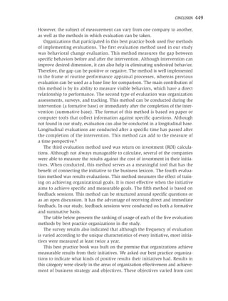 CONCLUSION   449

However, the subject of measurement can vary from one company to another,
as well as the methods in which evaluation can be taken.
   Organizations that participated in this best practice book used ﬁve methods
of implementing evaluations. The ﬁrst evaluation method used in our study
was behavioral change evaluation. This method measures the gap between
speciﬁc behaviors before and after the intervention. Although intervention can
improve desired dimension, it can also help in eliminating undesired behavior.
Therefore, the gap can be positive or negative. The method is well implemented
in the frame of routine performance appraisal processes, whereas previous
evaluation can be used as a base line for comparison. The main contribution of
this method is by its ability to measure visible behaviors, which have a direct
relationship to performance. The second type of evaluation was organization
assessments, surveys, and tracking. This method can be conducted during the
intervention (a formative base) or immediately after the completion of the inter-
vention (summative base). The format of this method is based on paper or
computer tools that collect information against speciﬁc questions. Although
not found in our study, evaluation can also be conducted in a longitudinal base.
Longitudinal evaluations are conducted after a speciﬁc time has passed after
the completion of the intervention. This method can add to the measure of
a time perspective.6
   The third evaluation method used was return on investment (ROI) calcula-
tions. Although not always manageable to calculate, several of the companies
were able to measure the results against the cost of investment in their initia-
tives. When conducted, this method serves as a meaningful tool that has the
beneﬁt of connecting the initiative to the business lexicon. The fourth evalua-
tion method was results evaluations. This method measures the effect of train-
ing on achieving organizational goals. It is most effective when the initiative
aims to achieve speciﬁc and measurable goals. The ﬁfth method is based on
feedback sessions. This method can be structured around speciﬁc questions or
as an open discussion. It has the advantage of receiving direct and immediate
feedback. In our study, feedback sessions were conducted on both a formative
and summative basis.
   The table below presents the ranking of usage of each of the ﬁve evaluation
methods by best practice organizations in the study.
   The survey results also indicated that although the frequency of evaluation
is varied according to the unique characteristics of every initiative, most initia-
tives were measured at least twice a year.
   This best practice book was built on the premise that organizations achieve
measurable results from their initiatives. We asked our best practice organiza-
tions to indicate what kinds of positive results their initiatives had. Results in
this category were clearly in the areas of organization effectiveness and achieve-
ment of business strategy and objectives. These objectives varied from cost
 