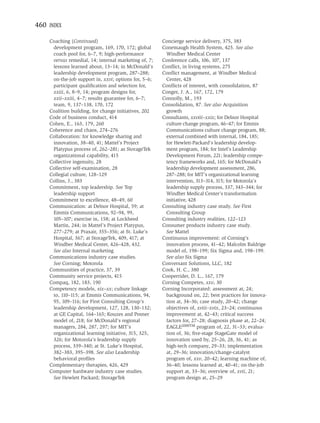 460 INDEX

    Coaching (Continued)                              Concierge service delivery, 375, 383
     development program, 169, 170, 172; global       Conemaugh Health System, 425. See also
     coach pool for, 6–7, 9; high-performance          Windber Medical Center
     versus remedial, 14; internal marketing of, 7;   Conference calls, 106, 107, 137
     lessons learned about, 13–14; in McDonald’s      Conﬂict, in living systems, 275
     leadership development program, 287–288;         Conﬂict management, at Windber Medical
     on-the-job support in, xxvi; options for, 5–6;    Center, 428
     participant qualiﬁcation and selection for,      Conﬂicts of interest, with consolidation, 87
     xxiii, 6, 8–9, 14; program designs for,          Conger, J. A., 167, 172, 179
     xxii–xxiii, 4–7; results guarantee for, 6–7;     Connolly, M., 193
     team, 9, 137–138, 170, 172                       Consolidation, 87. See also Acquisition
    Coalition building, for change initiatives, 202    growth
    Code of business conduct, 414                     Consultants, xxviii–xxix; for Delnor Hospital
    Cohen, E., 163, 179, 260                           culture change program, 46–47; for Emmis
    Coherence and chaos, 274–276                       Communications culture change program, 88;
    Collaboration: for knowledge sharing and           external combined with internal, 184, 185;
     innovation, 38–40, 41; Mattel’s Project           for Hewlett-Packard’s leadership develop-
     Platypus process of, 262–281; as StorageTek       ment program, 184; for Intel’s Leadership
     organizational capability, 415                    Development Forum, 221; leadership compe-
    Collective ingenuity, 28                           tency frameworks and, 165; for McDonald’s
    Collective self-examination, 28                    leadership development assessment, 286,
    Collegial culture, 128–129                         287–288; for MIT’s organizational learning
    Collins, J., 383                                   intervention, 313–314, 315; for Motorola’s
    Commitment, top leadership. See Top                leadership supply process, 337, 343–344; for
     leadership support                                Windber Medical Center’s transformation
    Commitment to excellence, 48–49, 60                initiative, 428
    Communication: at Delnor Hospital, 59; at         Consulting industry case study. See First
     Emmis Communications, 92–94, 99,                  Consulting Group
     105–107; exercise in, 158; at Lockheed           Consulting industry realities, 122–123
     Martin, 244; in Mattel’s Project Platypus,       Consumer products industry case study.
     277–279; at Praxair, 355–356; at St. Luke’s       See Mattel
     Hospital, 367; at StorageTek, 409, 417; at       Continuous improvement: of Corning’s
     Windber Medical Center, 426–428, 432.             innovation process, 41–42; Malcolm Baldrige
     See also Internal marketing                       model of, 198–199; Six Sigma and, 198–199.
    Communications industry case studies.              See also Six Sigma
     See Corning; Motorola                            Conversant Solutions, LLC, 182
    Communities of practice, 37, 39                   Cook, H. C., 380
    Community service projects, 415                   Cooperrider, D. L., 167, 179
    Compaq, 182, 183, 190                             Corning Competes, xxv, 30
    Competency models, xix–xx; culture linkage        Corning Incorporated: assessment at, 24;
     to, 110–115; at Emmis Communications, 94,         background on, 22; best practices for innova-
     95, 109–116; for First Consulting Group’s         tion at, 34–36; case study, 20–42; change
     leadership development, 127, 128, 130–132;        objectives of, xviii–xvix, 23–24; continuous
     at GE Capital, 164–165; Kouzes and Posner         improvement at, 42–43; critical success
     model of, 218; for McDonald’s regional            factors for, 27–28; diagnosis phase at, 22–24;
     managers, 284, 287, 297; for MIT’s                EAGLE2000TM program of, 22, 31–33; evalua-
     organizational learning initiative, 315, 325,     tion of, 36; ﬁve-stage StageGate model of
     326; for Motorola’s leadership supply             innovation used by, 25–26, 28, 36, 41; as
     process, 339–340; at St. Luke’s Hospital,         high-tech company, 29–33; implementation
     382–383, 395–398. See also Leadership             at, 29–36; innovation/change-catalyst
     behavioral proﬁles                                program of, xxv, 20–42; learning machine of,
    Complementary therapies, 426, 429                  36–40; lessons learned at, 40–41; on-the-job
    Computer hardware industry case studies.           support at, 33–36; overview of, xvii, 21;
     See Hewlett Packard; StorageTek                   program design at, 25–29
 