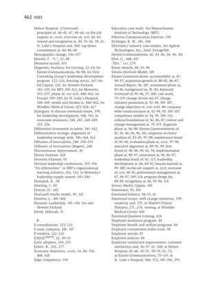 462 INDEX

    Delnor Hospital: (Continued)                     Education case study. See Massachusetts
     principles of, 44–45, 47, 48–60; on-the-job       Institute of Technology (MIT)
     support at, xxvii; overview of, xvii, 44–45;    Effective Communication Exercise, 158
     reward and recognition at, 50, 55–56, 58, 61;   Eichinger, R. W., 341, 344
     St. Luke’s Hospital and, 369; top-down          Electronics industry case studies. See Agilent
     commitment at, 46–48, 60                          Technologies, Inc.; Intel; StorageTek
    Demographic change, 336–337                      Eleven Commandments, 82, 83, 86, 94, 96, 101
    Deneka, C. “S.”, 33, 40                          Eliot, G., 448, 451
    Dennison survey, 418                             “Ello,” xxv, 279
    Diagnosis, business: for Corning, 22–24; for     Emmi Awards, 84, 93–94
     Emmis Communications, 86–88; for First          Emmis Attribute Model, 109
     Consulting Group’s leadership development       Emmis Communications: accountability at, 87,
     program, 122–126; futuring versus, 167; for       94–97; acquisition growth of, 80–83, 86–87;
     GE Capital, 162; for Hewlett-Packard,             Annual Report, 94, 107; assessment phase at,
     182–183; for MIT, 310–312; for Motorola,          85–86; background on, 81–83; Balanced
     335–337; phase of, xxi–xxii, 440–442; for         Scorecard of, 95–96, 97, 108; case study,
     Praxair, 349–350; for St. Luke’s Hospital,        79–119; change drivers for, 87; change
     368–369; trends and themes in, 440–442; for       initiative promotion at, 92–94, 105–107;
     Windber Medical Center, 425–426, 427              change objectives of, xvii–xviii, 88; company-
    Dialogues: to discuss emotional issues, 199;       wide communication at, 92–94, 99, 105–107;
     for leadership development, 340, 341; to          competency models of, 94, 95, 109–116;
     overcome resistance, 244, 247, 248–249,           cultural foundations of, 82, 86, 87; culture and
     253, 256                                          change management at, 79–119; diagnosis
    Differential investment in talent, 341–342         phase at, 86–88; Eleven Commandments of,
    Differentiation strategy, alignment of             82, 83, 86, 94, 96, 101; employer-of-choice
     leadership strategy with, 346–364, 412            qualities of, 83–85, 97–98; employment brand
    Diffusion of innovations, 248, 254–255             of, 83–85; evaluation phase at, xxvii, 97–98;
    Diffusion of Innovations (Rogers), 260             executive alignment at, 89–91, 99; ﬁrm
    Discontinuous improvement, 30                      brand of, 80, 88, 90, 92, 94; implementation
    Disney Institute, 428                              phase at, 89–97; innovation at, 90, 96–97;
    Diversity Channel, 93                              leadership brand of, 92, 117; leadership
    Division leadership conferences, 355–356           development at, 84, 89–92; lessons learned at,
    “Do differentlies”: in MIT’s organizational        99–100; on-the-job support at, xxvi; overview
     learning initiative, 316, 332; in Motorola’s      of, xvii, 80–81; performance management at,
     leadership supply system, 343–344                 87, 94–97, 109–118; program design for,
    Domalick, K., 50                                   88–89; recognition at, 84, 93–94, 118
    Dowling, J., 89                                  Emmis Weekly Update, 105
    Druyan, D., 242                                  Emmissary, 93, 105
    Dual-path results model, 89, 102                 Emotional balance, 54–55, 61
    Dutterer, L., 401–402                            Emotional issues: with change initiatives, 199;
    Dynamic Leadership, 181–194. See also              creativity and, 271; in Mattel’s Project
     Hewlett-Packard                                   Platypus, 271, 274; venting, at Windber
    Dyrek, Deborah, 51                                 Medical Center, 430
                                                     Emotional Quotient training, 428
      E                                              Employee assistance program, 84
    E-consultancies, 122–123                         Employee beneﬁt and welfare programs, 84
    E-mail, company, 106, 107                        Employee commitment index score, 98
    E-vendors, 122–123                               Employee morale, 87
    EAGLE2000TM, 22, 30–33                           Employee policies, 84
    Early adopters, 254, 255                         Employee satisfaction improvement: customer
    Eckert, R., 263, 277                               satisfaction and, 56–57, 61, 368; at Delnor
    Economic downturn, xxviii, 14, 84, 336,            Hospital, 45–46, 56–57, 58–59, 61, 72;
      404, 420                                         at Emmis Communications, 79–119; at
    Edge competency, 339                               St. Luke’s Hospital, 368, 372, 381–382, 391;
 