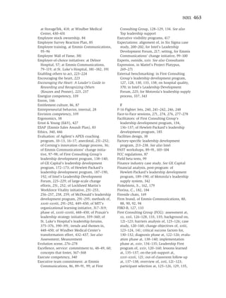 INDEX    463

  at StorageTek, 418; at Windber Medical           Consulting Group, 128–129, 134. See also
  Center, 430–431                                  Top leadership support
Employee stock ownership, 84                      Executive visibility programs, 417
Employee Survey Reaction Plan, 85                 Expectations: alignment of, in Six Sigma case
Employee training, at Emmis Communications,        study, 200–202; for Intel’s Leadership
  95–96                                            Development Forum, 217; setting, for Emmis
Employee Wall of Fame, 381                         Communications’ change initiative, 99–100
Employer-of-choice initiatives: at Delnor         Experts, outside, xxiv. See also Consultants
  Hospital, 57; at Emmis Communications,          Expression, in Mattel’s Project Platypus,
  79–119; at St. Luke’s Hospital, 381–382, 391     269–271
Enabling others to act, 223–224                   External benchmarking: in First Consulting
Encouraging the heart, 223                         Group’s leadership development program,
Encouraging the Heart: A Leader’s Guide to         127, 128, 130, 133, 138; on hospital quality,
  Rewarding and Recognizing Others                 370; in Intel’s Leadership Development
  (Kouzes and Posner), 223, 237                    Forum, 225; for Motorola’s leadership supply
Energize competency, 339                           process, 337, 343
Enron, 166
Entitlement culture, 86, 87                         F
Entrepreneurial behavior, internal, 28            F-16 Fighter Jets, 240, 241–242, 246, 248
Envision competency, 339                          Face-to-Face sessions, 271, 274, 276, 277–278
Ergonomics, 38                                    Facilitators: of First Consulting Group’s
Ernst & Young (E&Y), 427                            leadership development program, 134,
ESAP (Emmis Sales Assault Plan), 83                 136–137; of Hewlett-Packard’s leadership
Ethics, 340, 446                                    development program, 185
Evaluation: of Agilent’s APEX coaching            Facilities design, 38
  program, 10–13, 16–17; anecdotal, 251–252;      Factory-speciﬁc leadership development
  of Corning’s innovation change process, 36;       program, 213–238. See also Intel
  of Emmis Communications’ change initia-         FAST workshops, 89–91, 103–104
  tive, 97–98; of First Consulting Group’s        FCC regulations, 87
  leadership development program, 138–140;        Field beta tests, 99
  of GE Capital’s leadership development          Finance industry case study. See GE Capital
  program, 172–173; of Hewlett-Packard’s          Financial analysis, post-program: of
  leadership development program, 187–190,          Hewlett-Packard’s leadership development
  192; of Intel’s Leadership Development            program, 189–190; of Motorola’s leadership
  Forum, 225–229; of large-scale change             supply system, 342
  efforts, 251, 252; of Lockheed Martin’s         Finkelstein, S., 162, 179
  Workforce Vitality initiative, 251–253,         Fiorina, C., 182, 184
  256–257, 258, 259; of McDonald’s leadership     Fireside chats, 169
  development program, 291–295; methods of,       Firm brand, of Emmis Communications, 80,
  xxvii–xxviii, 291–292, 449–450; of MIT’s          88, 90, 92, 94
  organizational learning initiative, 317–319;    FIRO-B, 127, 133
  phase of, xxvii–xxviii, 448–450; of Praxair’s   First Consulting Group (FCG): assessment at,
  leadership strategy initiative, 359–360; of       xx, xxii, 126–128, 133, 135; background on,
  St. Luke’s Hospital’s leadership forums,          121–123; barriers analysis of, 125–126; case
  375–376, 390–391; trends and themes in,           study, 120–160; change objectives of, xviii,
  448–450; of Windber Medical Center’s              123–124, 141; critical success factors for,
  transformation effort, 432–437. See also          130–132; diagnosis phase at, 122–126; evalu-
  Assessment; Measurement                           ation phase at, 138–140; implementation
Evolution scene, 276–278                            phase at, xxiv, 134–135; Leadership First
Excellence, service: commitment to, 48–49, 60;      program of, xxiv, 120–160; lessons learned
  concepts that foster, 367–368                     at, 135–137; on-the-job support at,
Execute competency, 340                             xxvi–xxvii, 121; out-of-classroom follow-up
Executive team commitment: at Emmis                 at, 137–138; overview of, xvii, 121–123;
  Communications, 86, 89–91, 99; at First           participant selection at, 125–126, 129, 135,
 