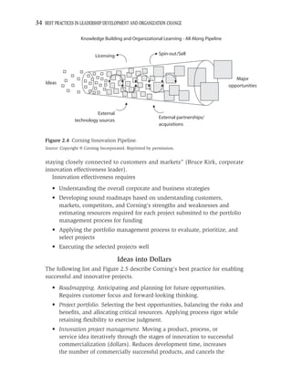 34 BEST PRACTICES IN LEADERSHIP DEVELOPMENT AND ORGANIZATION CHANGE

                      Knowledge Building and Organizational Learning - All Along Pipeline


                             Licensing                        Spin-out/Sell




                                                                                               Major
    Ideas
                                                                                            opportunities




                             External
                                                              External partnerships/
                   technology sources
                                                              acquisitions


    Figure 2.4 Corning Innovation Pipeline.
    Source: Copyright © Corning Incorporated. Reprinted by permission.


    staying closely connected to customers and markets” (Bruce Kirk, corporate
    innovation effectiveness leader).
       Innovation effectiveness requires
       • Understanding the overall corporate and business strategies
       • Developing sound roadmaps based on understanding customers,
         markets, competitors, and Corning’s strengths and weaknesses and
         estimating resources required for each project submitted to the portfolio
         management process for funding
       • Applying the portfolio management process to evaluate, prioritize, and
         select projects
       • Executing the selected projects well

                                         Ideas into Dollars
    The following list and Figure 2.5 describe Corning’s best practice for enabling
    successful and innovative projects.
       • Roadmapping. Anticipating and planning for future opportunities.
         Requires customer focus and forward-looking thinking.
       • Project portfolio. Selecting the best opportunities, balancing the risks and
         beneﬁts, and allocating critical resources. Applying process rigor while
         retaining ﬂexibility to exercise judgment.
       • Innovation project management. Moving a product, process, or
         service idea iteratively through the stages of innovation to successful
         commercialization (dollars). Reduces development time, increases
         the number of commercially successful products, and cancels the
 
