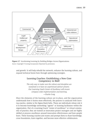 CORNING   39




               Commercial                        Manufacturing             Industrial and
                                                 effectiveness            Labor relations

              Legal/
           Intellectual                                                      Operational
                                              Process
            property                                                         optimization
                                            engineering

        Product
                                                                       Safety and
     development/
                                      Innovation                     environmental
        Design
                                     effectiveness




Figure 2.7 Accelerating Learning by Building Bridges Across Organizations.
Source: Copyright © Corning Incorporated. Reprinted by permission.



      and growth. It will help rebuild the network, enhance the learning culture, and
      expand technical know-how through optimizing synergies.

                      Learning Coaches: Establishing a New Core
                                 Competency in R&D
                      The only way to make sure the culture and discipline are
                        sustained is to have an experienced advisor present.
                        Our Learning Coach Center of Excellence will ensure
                            company wide implementation and learning.
                                                —Charlie Craig

      Once the elements of the learning culture are in place, and the organization
      understands how it learns most effectively, the process is catalyzed with learn-
      ing coaches, similar to Six Sigma black belts. These are individuals whose role it
      is to become knowledge networking “agents” or learning facilitators within the
      organization. Part of a Learning Coach “center of excellence” or virtual commu-
      nity of practice, they are trained as innovation project managers and are highly
      skilled at process excellence around innovation effectiveness and how people
      learn. These learning coaches join teams and prompt them to share knowledge,
      cross boundaries, learn together, and become more effective collaborators.
 