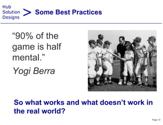 > Some Best Practices
Hub
Solution
Designs



    “90% of the
    game is half
    mental.”
    Yogi Berra


     So what works and what doesn’t work in
     the real world?
                                          Page 10
 