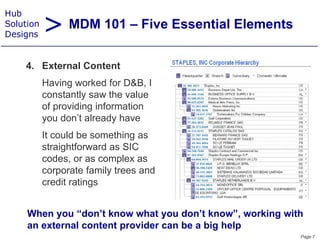 > MDM 101 – Five Essential Elements
Hub
Solution
Designs


    4 E t     lC t t
    4. External Content
           Having worked for D&B, I
           constantly saw the value
           of providing information
           you don’t already have
           It could be something as
           straightforward as SIC
           codes, or as complex as
           corporate family trees and
           credit ratings


     When you “don’t know what you don t know”, working with
                 don t                don’t know
     an external content provider can be a big help
                                                           Page 7
 