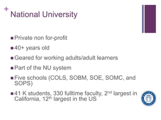 +
National University
 Private non for-profit
 40+ years old
 Geared for working adults/adult learners
 Part of the NU...