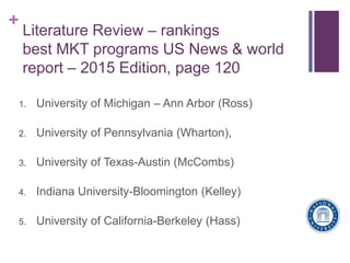 +
Literature Review – rankings
best MKT programs US News & world
report – 2015 Edition, page 120
1. University of Michigan...
