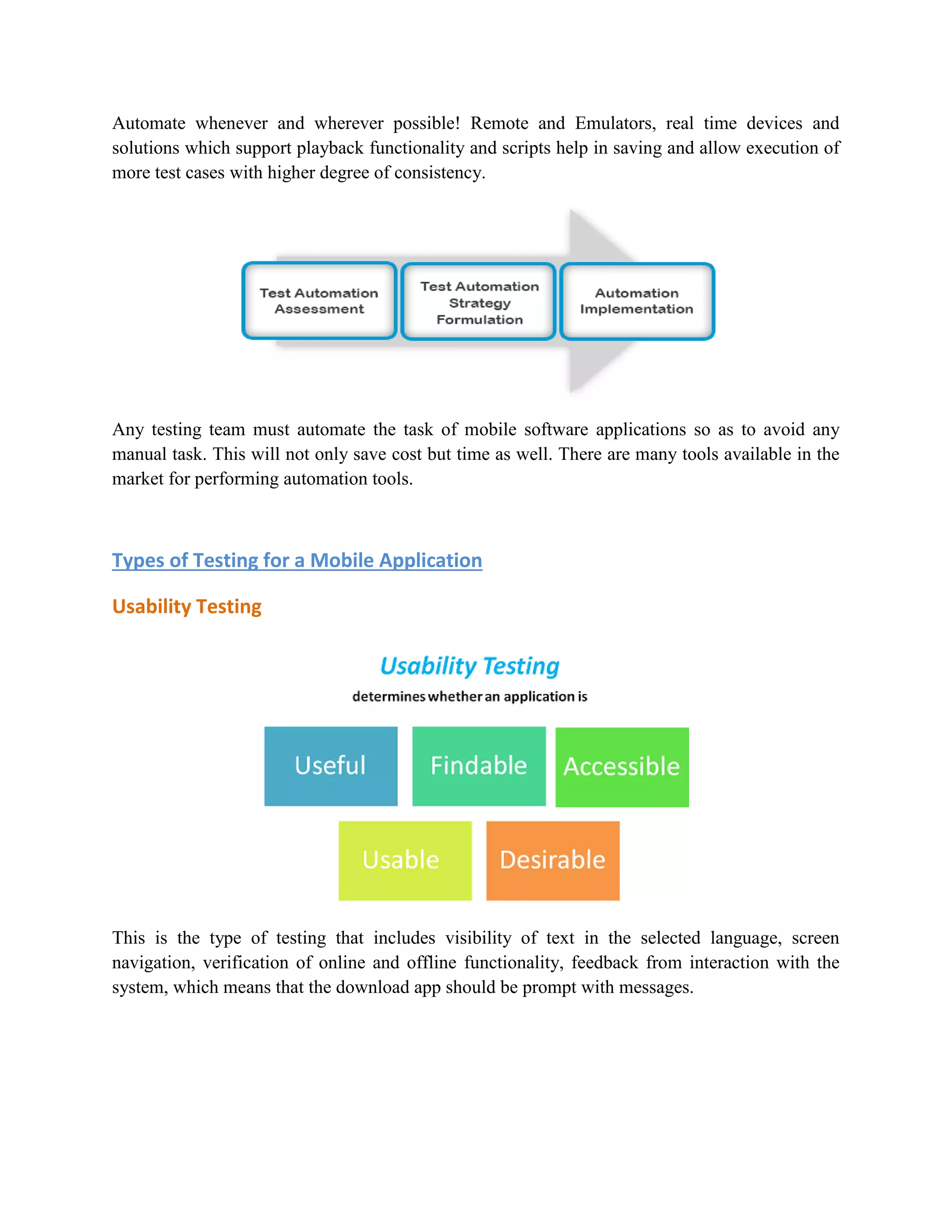 Automate whenever and wherever possible! Remote and Emulators, real time devices and 
solutions which support playback functionality and scripts help in saving and allow execution of 
more test cases with higher degree of consistency. 
Any testing team must automate the task of mobile software applications so as to avoid any 
manual task. This will not only save cost but time as well. There are many tools available in the 
market for performing automation tools. 
Types of Testing for a Mobile Application 
Usability Testing 
This is the type of testing that includes visibility of text in the selected language, screen 
navigation, verification of online and offline functionality, feedback from interaction with the 
system, which means that the download app should be prompt with messages. 
 