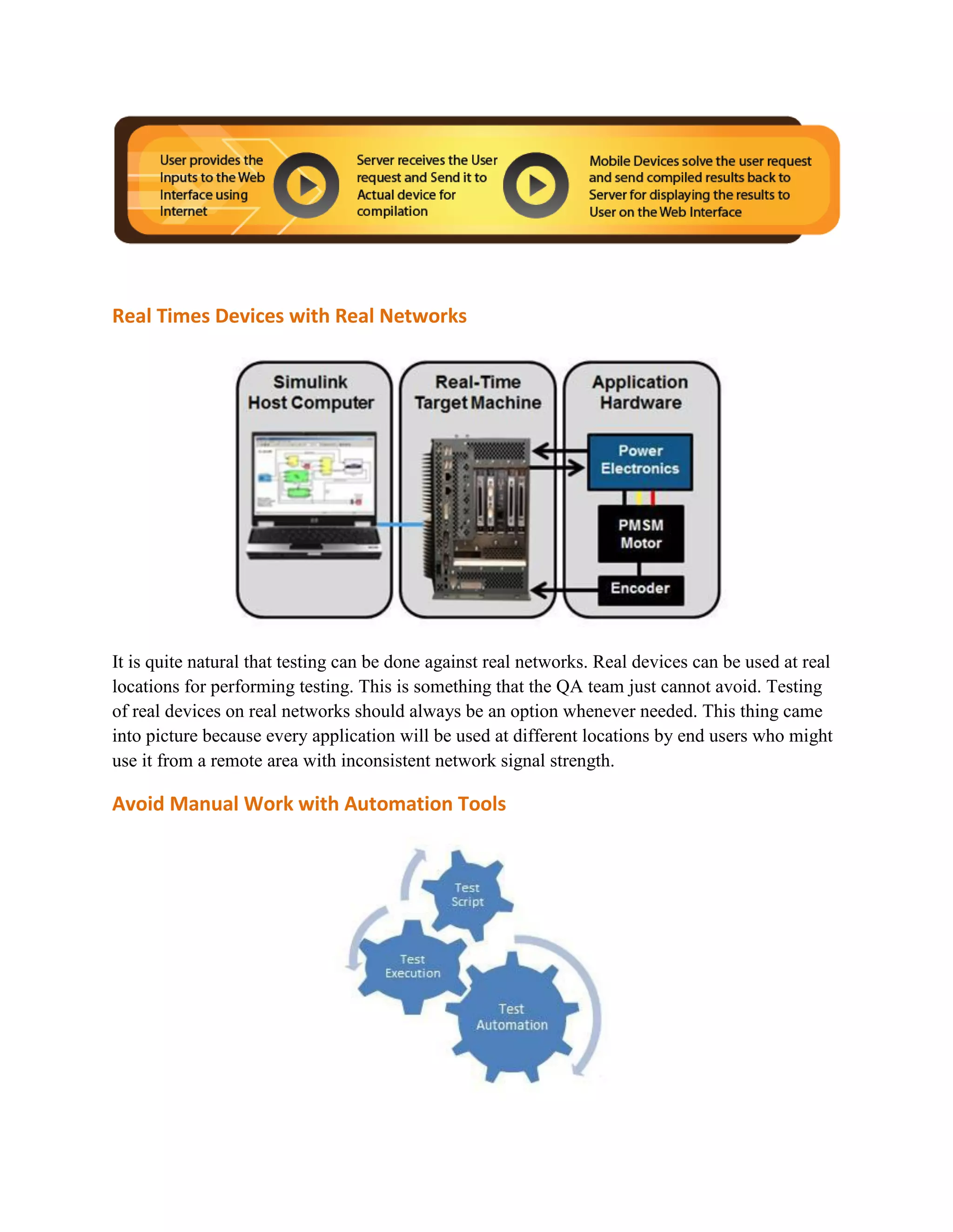 Real Times Devices with Real Networks 
It is quite natural that testing can be done against real networks. Real devices can be used at real 
locations for performing testing. This is something that the QA team just cannot avoid. Testing 
of real devices on real networks should always be an option whenever needed. This thing came 
into picture because every application will be used at different locations by end users who might 
use it from a remote area with inconsistent network signal strength. 
Avoid Manual Work with Automation Tools 
 