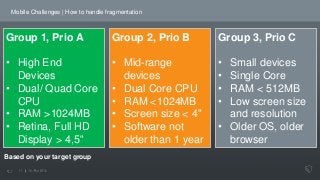 Mobile Challenges | How to handle fragmentation
Group 1, Prio A
• High End
Devices
• Dual/ Quad Core
CPU
• RAM >1024MB
• R...