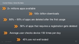Current Status | Some Numbers
2+ millions apps available
100+ billion downloads
80% – 90% of apps are deleted after the fi...