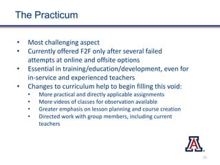 The Practicum
• Most challenging aspect
• Currently offered F2F only after several failed
attempts at online and offsite options
• Essential in training/education/development, even for
in-service and experienced teachers
• Changes to curriculum help to begin filling this void:
• More practical and directly applicable assignments
• More videos of classes for observation available
• Greater emphasis on lesson planning and course creation
• Directed work with group members, including current
teachers
21
 