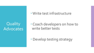 Which types
of tests?
0 20 40 60 80 100 120
Unit
API
Web
Mobile
Component
Performance
Security
Types ofTests
Types of Tests
 