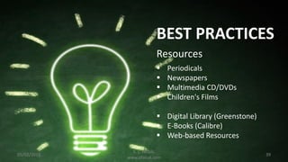 05/02/2016 39
BEST PRACTICES
Resources
 Periodicals
 Newspapers
 Multimedia CD/DVDs
 Children's Films
 Digital Library (Greenstone)
 E-Books (Calibre)
 Web-based Resources
S. L. FAISAL
www.slfaisal.com
 