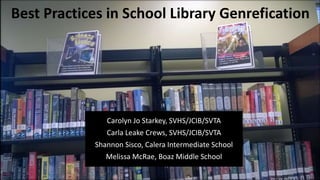 Best Practices in School Library Genrefication
Carolyn Jo Starkey, SVHS/JCIB/SVTA
Carla Leake Crews, SVHS/JCIB/SVTA
Shannon Sisco, Calera Intermediate School
Melissa McRae, Boaz Middle School
 