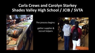 Carla Crews and Carolyn Starkey
Shades Valley High School / JCIB / SVTA
The process begins:
gather supplies &
recruit helpers
 
