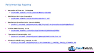 Recommended Reading
• AWS Well Architected Framework
– https://aws.amazon.com/architecture/well-architected/
• AWS Cloud Adoption Framework
– https://aws.amazon.com/professional-services/CAF/
• AWS Cloud Transformation Maturity Model
– https://d0.awsstatic.com/whitepapers/AWS-Cloud-Transformation-Maturity-Model.pdf
• Shared Responsibility Model
– https://aws.amazon.com/compliance/shared-responsibility-model/
• Operational Checklists for AWS
– https://d1.awsstatic.com/whitepapers/aws-operational-checklists.pdf
• Introduction to Auditing the Use of AWS
– https://d1.awsstatic.com/whitepapers/compliance/AWS_Auditing_Security_Checklist.pdf
 