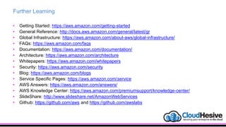 Further Learning
• Getting Started: https://aws.amazon.com/getting-started
• General Reference: http://docs.aws.amazon.com/general/latest/gr
• Global Infrastructure: https://aws.amazon.com/about-aws/global-infrastructure/
• FAQs: https://aws.amazon.com/faqs
• Documentation: https://aws.amazon.com/documentation/
• Architecture: https://aws.amazon.com/architecture
• Whitepapers: https://aws.amazon.com/whitepapers
• Security: https://aws.amazon.com/security
• Blog: https://aws.amazon.com/blogs
• Service Specific Pages: https://aws.amazon.com/service
• AWS Answers: https://aws.amazon.com/answers/
• AWS Knowledge Center: https://aws.amazon.com/premiumsupport/knowledge-center/
• SlideShare: http://www.slideshare.net/AmazonWebServices
• Github: https://github.com/aws and https://github.com/awslabs
 
