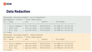 © Copyright EnterpriseDB Corporation, 2020. All rights reserved.
19
Data Redaction
Username [enterprisedb]: privilegeduser
mycompany=> select * from employees;
id | name | ssn | phone | birthday
----+--------------+-------------+------------+--------------------
1 | Sally Sample | 020-78-9345 | 5081234567 | 02-FEB-61 00:00:00
1 | Jane Doe | 123-33-9345 | 6171234567 | 14-FEB-63 00:00:00
1 | Bill Foo | 123-89-9345 | 9781234567 | 14-FEB-63 00:00:00
(3 rows)
Username [enterprisedb]: redacteduser
mycompany=> select * from employees;
id | name | ssn | phone | birthday
----+--------------+-------------+------------+--------------------
1 | Sally Sample | xxx-xx-9345 | 5081234567 | 02-FEB-02 00:00:00
1 | Jane Doe | xxx-xx-9345 | 6171234567 | 14-FEB-02 00:00:00
1 | Bill Foo | xxx-xx-9345 | 9781234567 | 14-FEB-02 00:00:00
(3 rows)
 