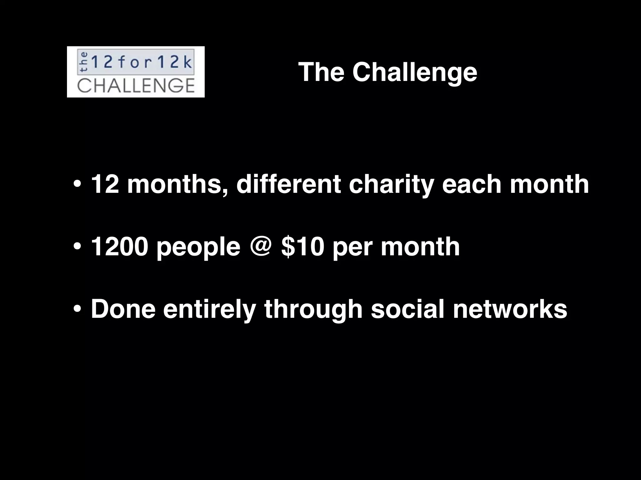 The Challenge



• 12 months, different charity each month
• 1200 people @ $10 per month
• Done entirely through social networks
 