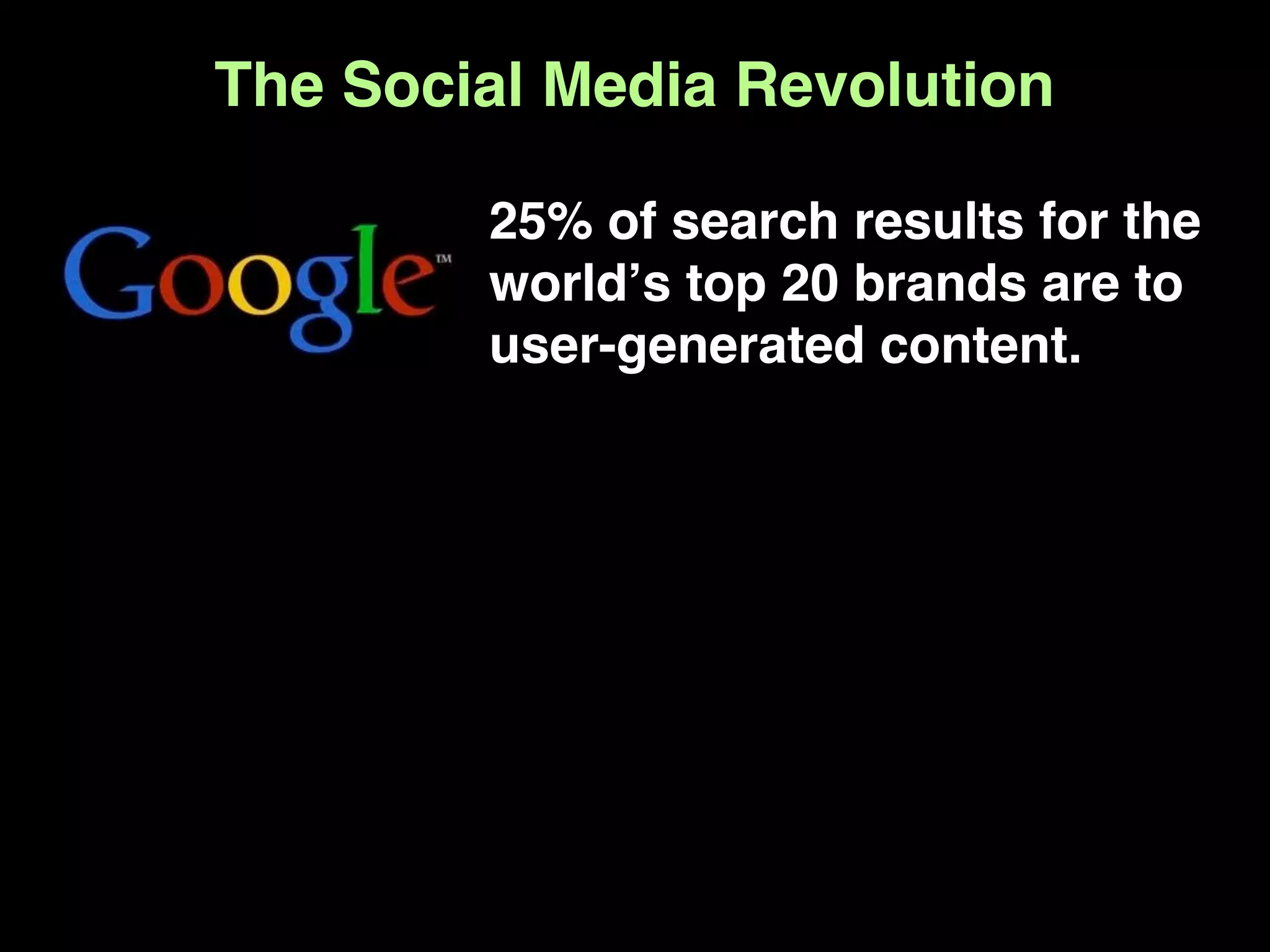 The Social Media Revolution

        25% of search results for the
        worldʼs top 20 brands are to
        user-generated content.
 