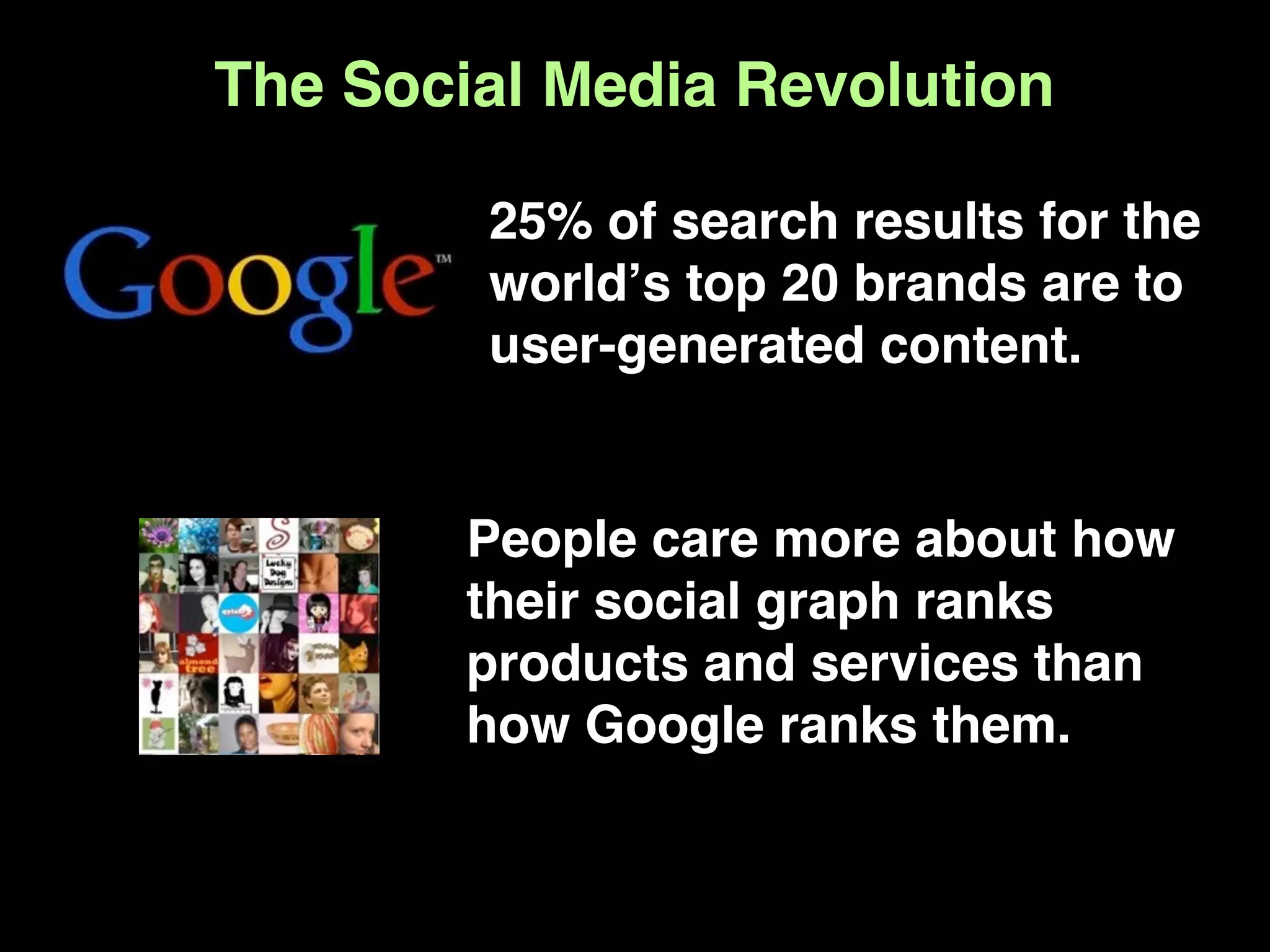 The Social Media Revolution

        25% of search results for the
        worldʼs top 20 brands are to
        user-generated content.


        People care more about how
        their social graph ranks
        products and services than
        how Google ranks them.
 
