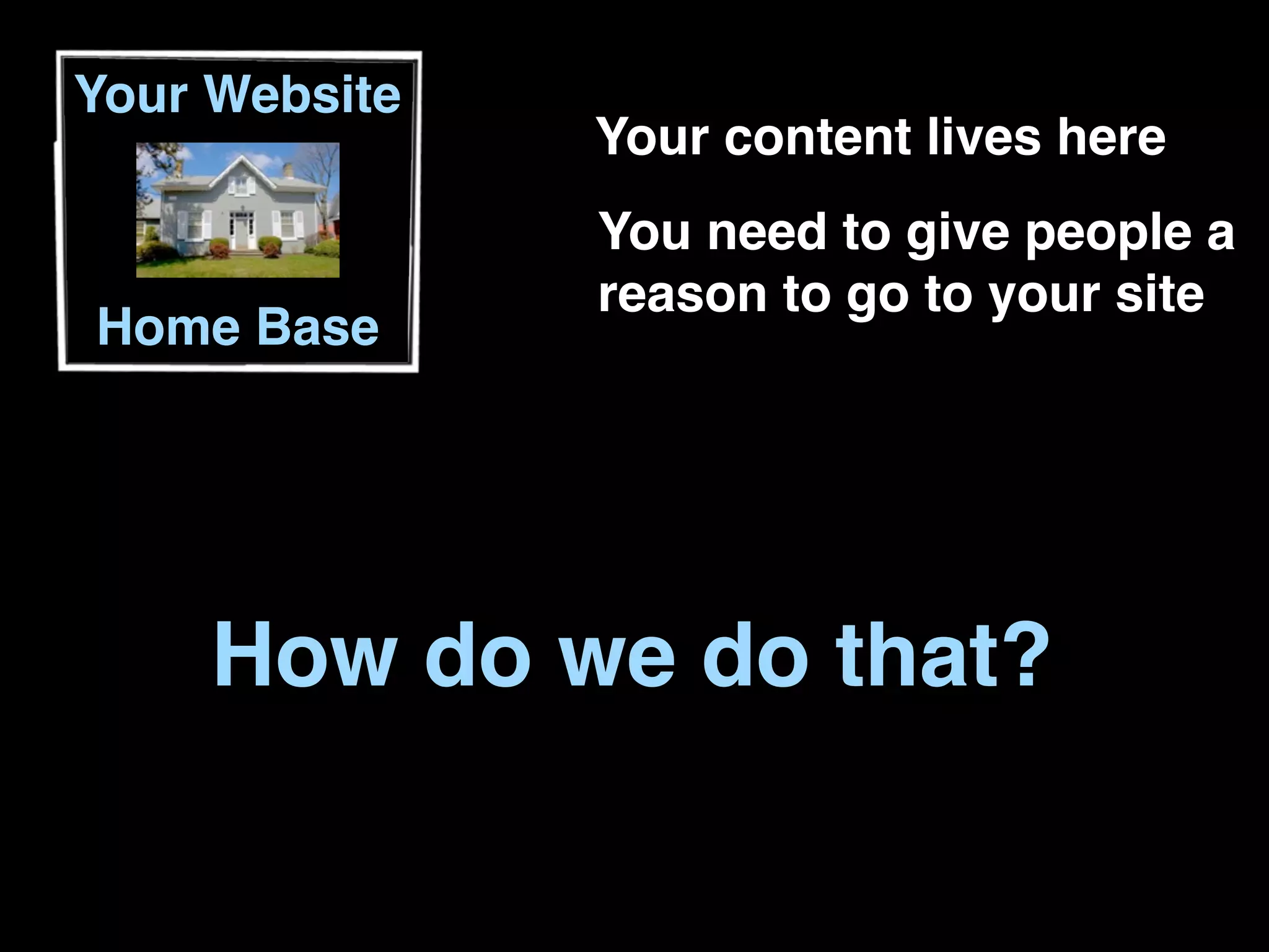 Your Website
               Your content lives here
               You need to give people a
               reason to go to your site
Home Base




     How do we do that?
 