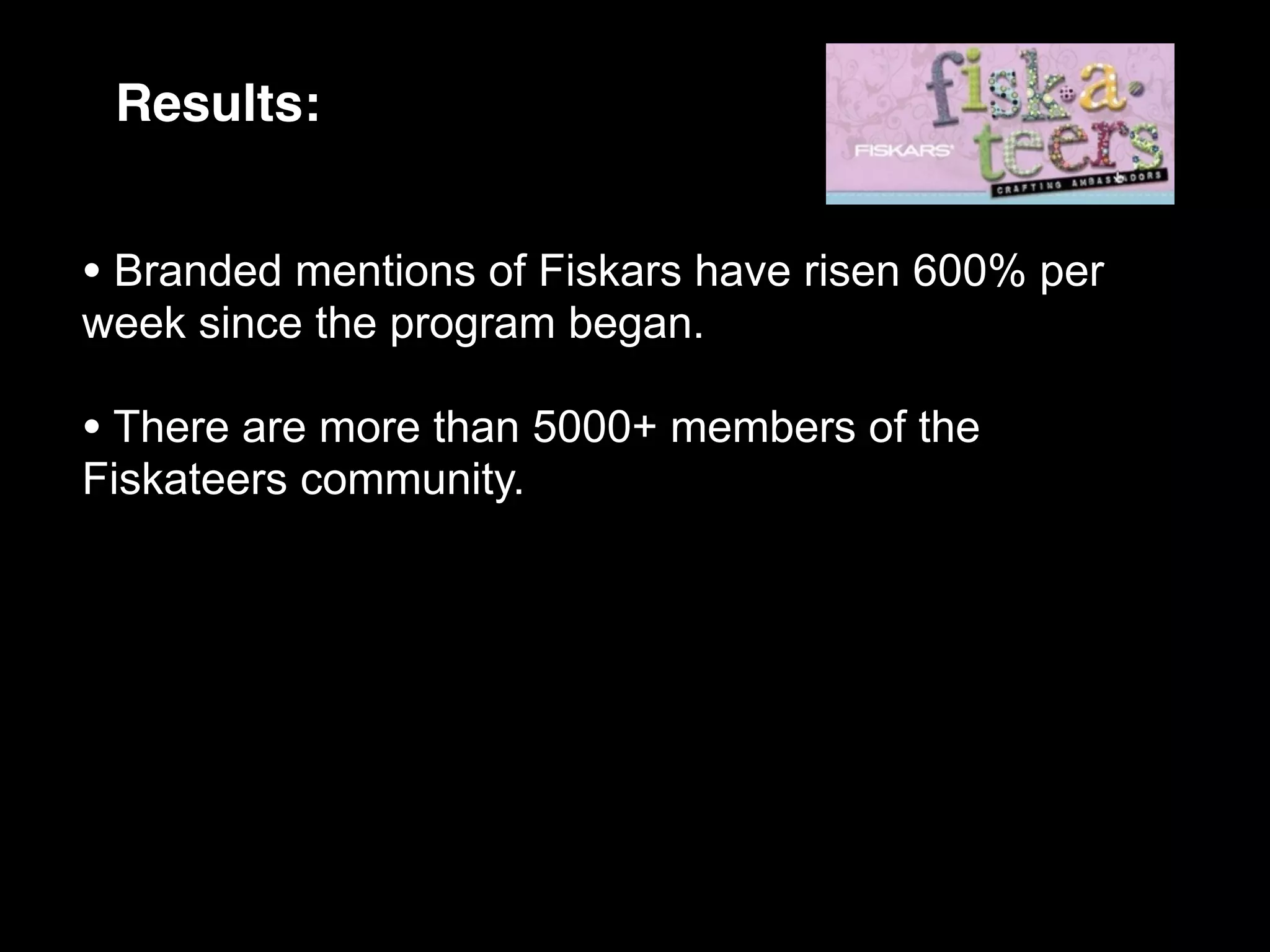 Results:


• Branded mentions of Fiskars have risen 600% per
week since the program began.

• There are more than 5000+ members of the
Fiskateers community.
 