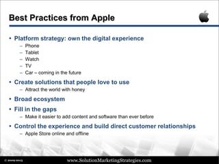 www.SolutionMarketingStrategies.com© 2009-2015
Best Practices from Apple
 Platform strategy: own the digital experience
– Phone
– Tablet
– Watch
– TV
– Car – coming in the future
 Create solutions that people love to use
– Attract the world with honey
 Broad ecosystem
 Fill in the gaps
– Make it easier to add content and software than ever before
 Control the experience and build direct customer relationships
– Apple Store online and offline
 
