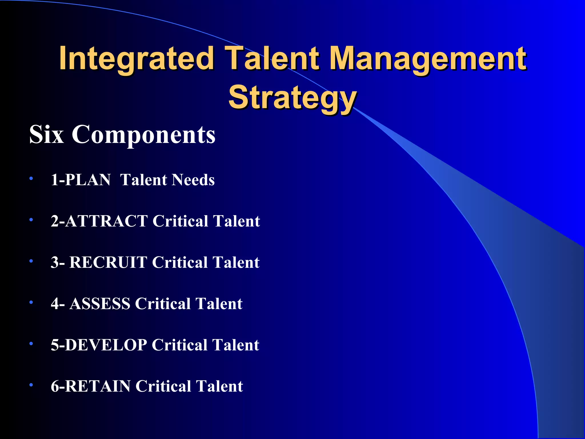 Integrated Talent ManagementIntegrated Talent Management
StrategyStrategy
Six Components
• 1-PLAN Talent Needs
• 2-ATTRACT Critical Talent
• 3- RECRUIT Critical Talent
• 4- ASSESS Critical Talent
• 5-DEVELOP Critical Talent
• 6-RETAIN Critical Talent
 