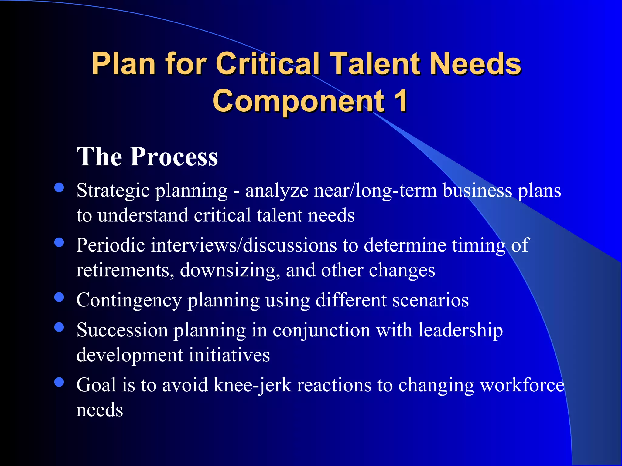 Plan for Critical Talent NeedsPlan for Critical Talent Needs
Component 1Component 1
The Process
 Strategic planning - analyze near/long-term business plans
to understand critical talent needs
 Periodic interviews/discussions to determine timing of
retirements, downsizing, and other changes
 Contingency planning using different scenarios
 Succession planning in conjunction with leadership
development initiatives
 Goal is to avoid knee-jerk reactions to changing workforce
needs
 