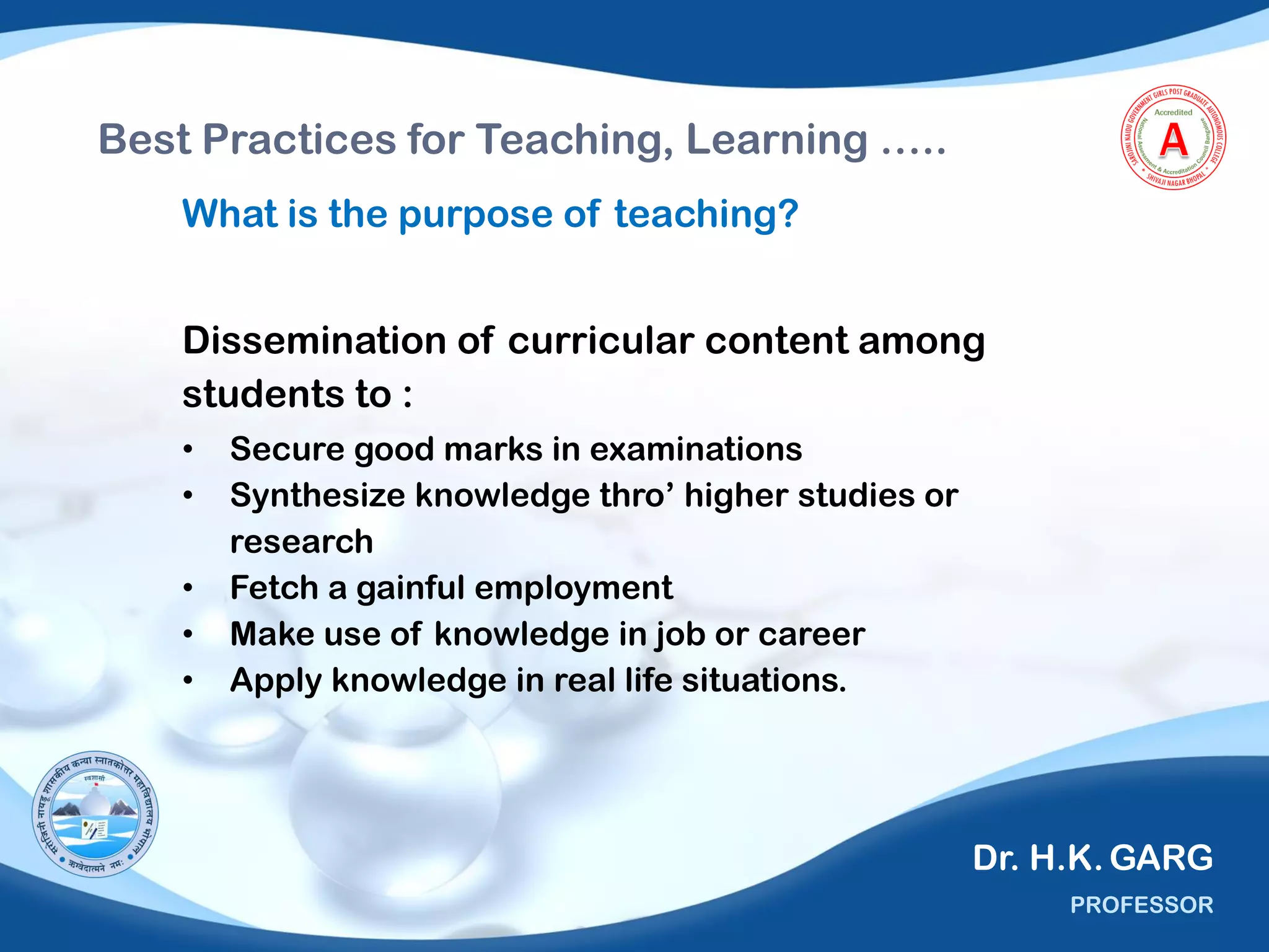 Best Practices in Teaching, Learning & Evaluation - Dr HK Garg | PDF