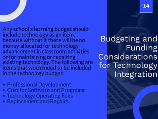 14
Budgeting and
Funding
Considerations
for Technology
Integration
Any school’s learning budget should
include technology as an item,
because without it there will be no
money allocated for technology
advancement in classroom activities
or for maintaining or repairing
existing technology. The following are
items that would need to be included
in the technology budget: 
Professional Development
Cost for Software and Programs:
Technology Operating Fees
Replacement and Repairs
 