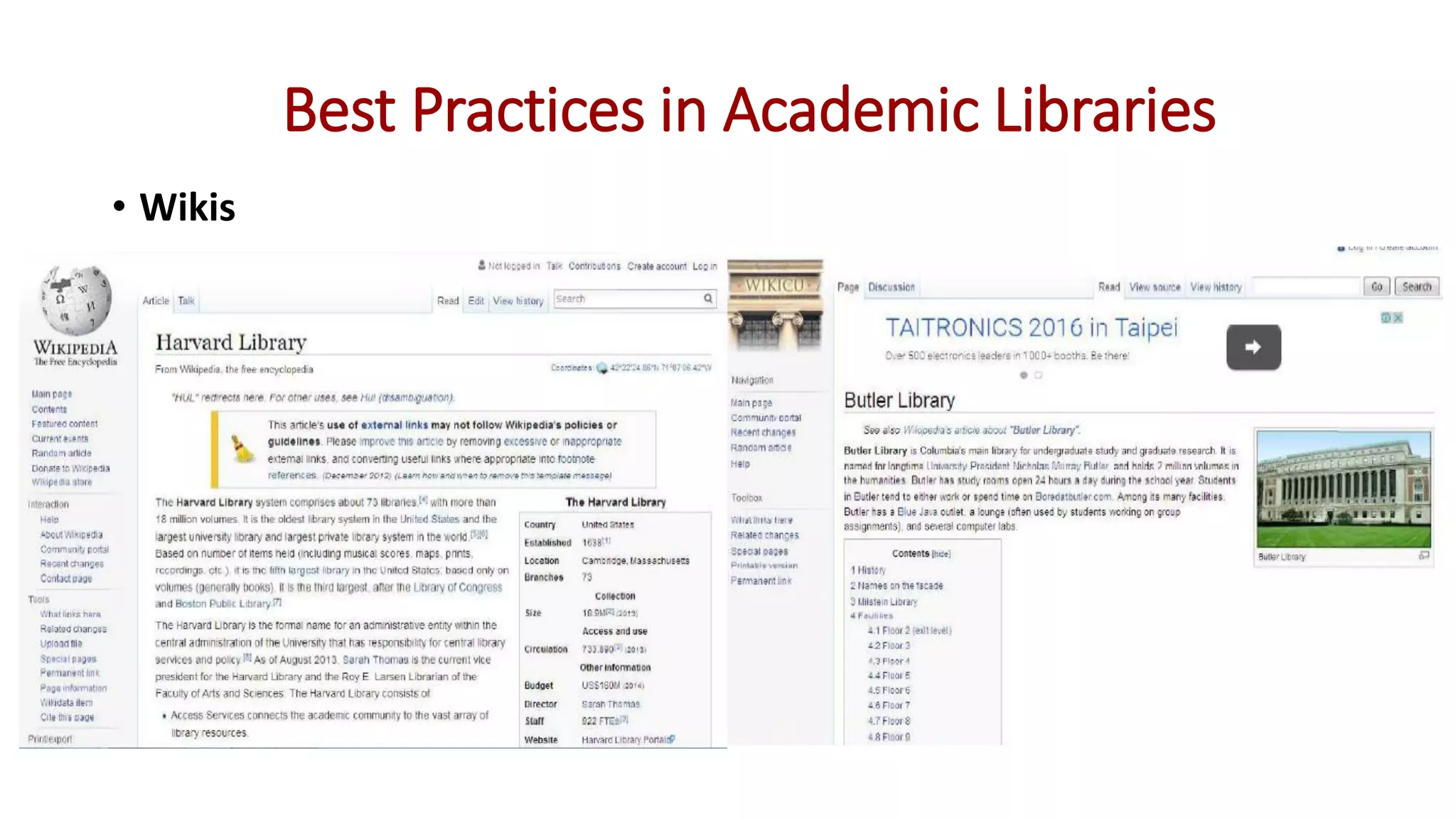 • Wikis
Best Practices in Academic Libraries
 