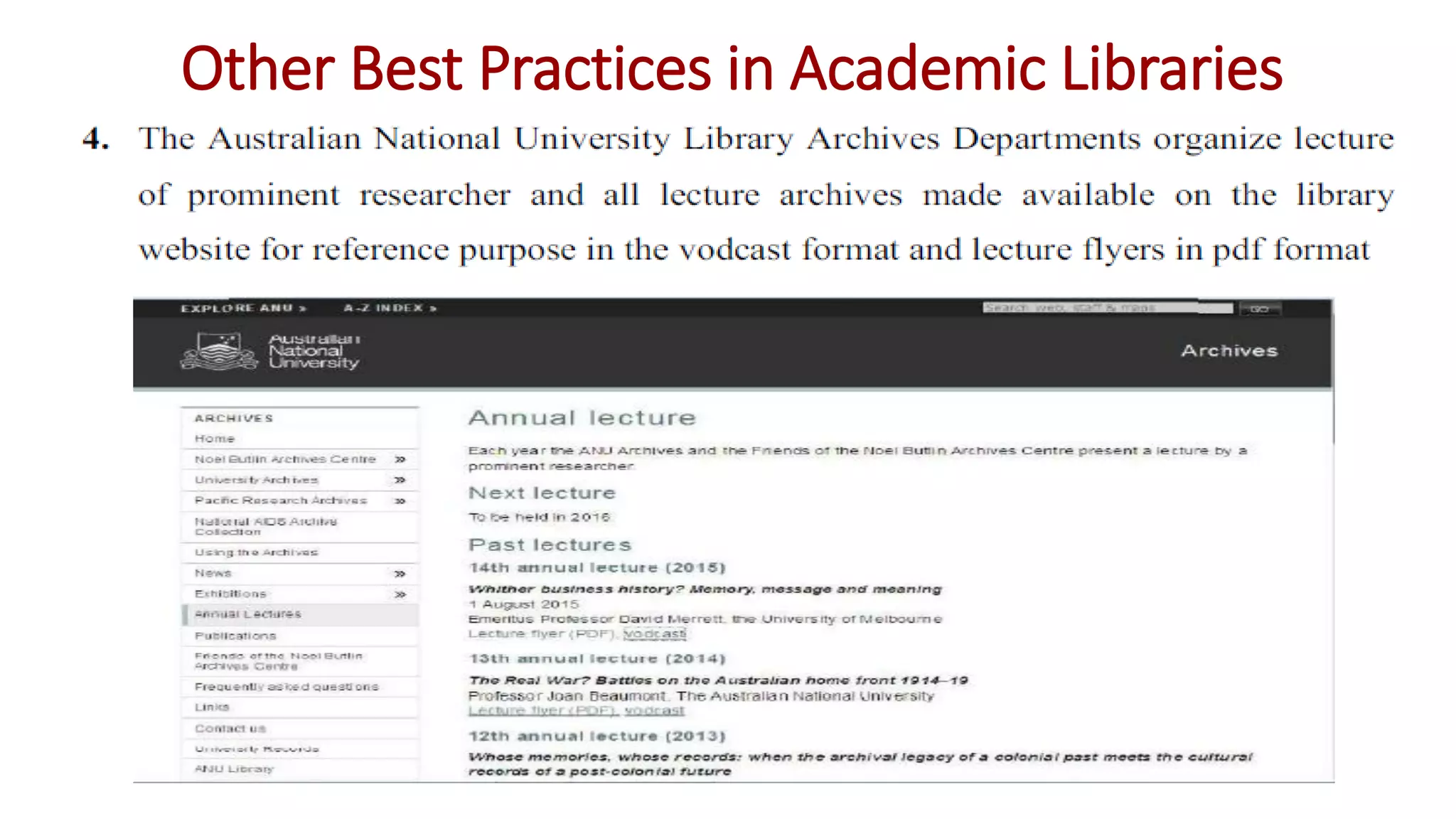 Other Best Practices in Academic Libraries
 