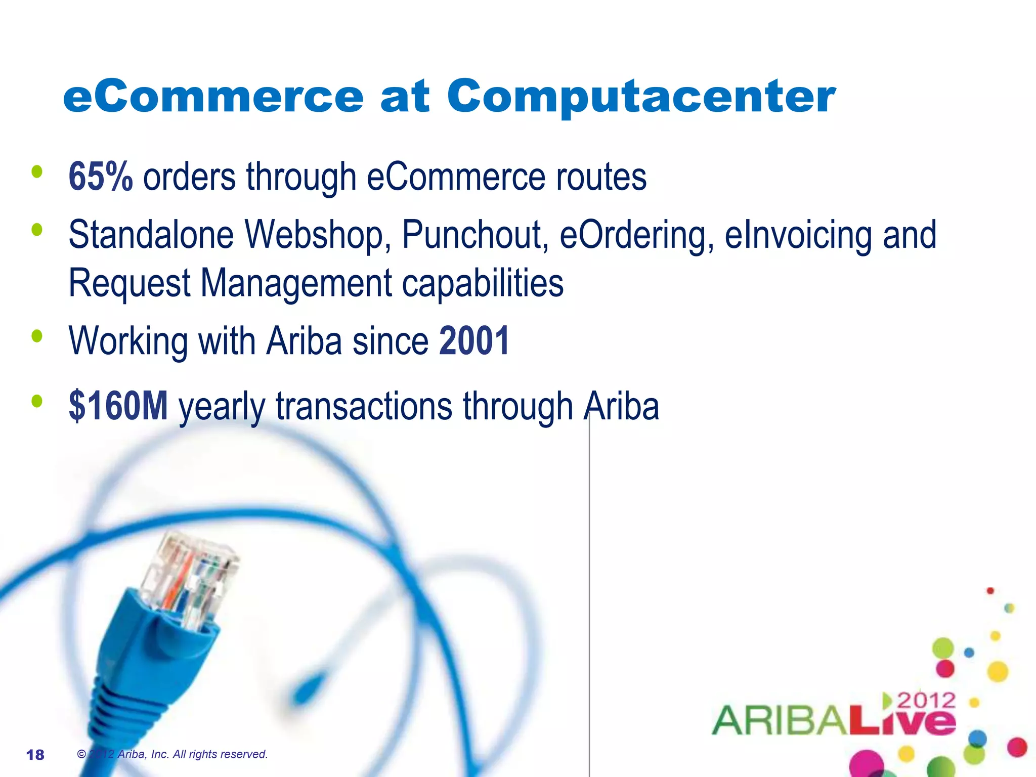 eCommerce at Computacenter
•    65% orders through eCommerce routes
•    Standalone Webshop, Punchout, eOrdering, eInvoicing and
     Request Management capabilities
•    Working with Ariba since 2001
•    $160M yearly transactions through Ariba




18   © 2012 Ariba, Inc. All rights reserved.
 