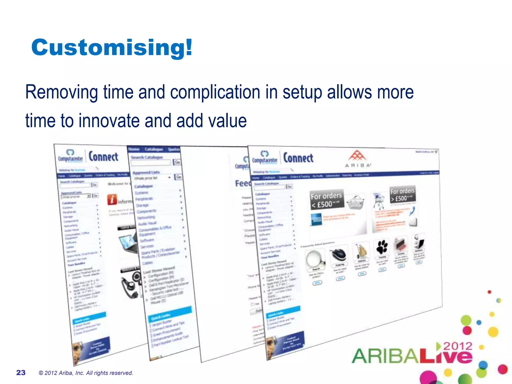 Customising!
 Removing time and complication in setup allows more
 time to innovate and add value




23   © 2012 Ariba, Inc. All rights reserved.
 