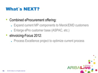 What´s NEXT?

     •   Combined eProcurement offering:
                   Expand current MP components to Merck/EMD customers
                   Enlarge ePro customer base (ASPAC, etc.)
     •   eInvoicing-Focus 2012:
                   Process Excellence project to optimize current process




15   © 2012 Ariba, Inc. All rights reserved.
 