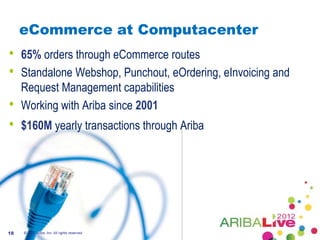 eCommerce at Computacenter
•    65% orders through eCommerce routes
•    Standalone Webshop, Punchout, eOrdering, eInvoicing and
     Request Management capabilities
•    Working with Ariba since 2001
•    $160M yearly transactions through Ariba




18   © 2012 Ariba, Inc. All rights reserved.
 