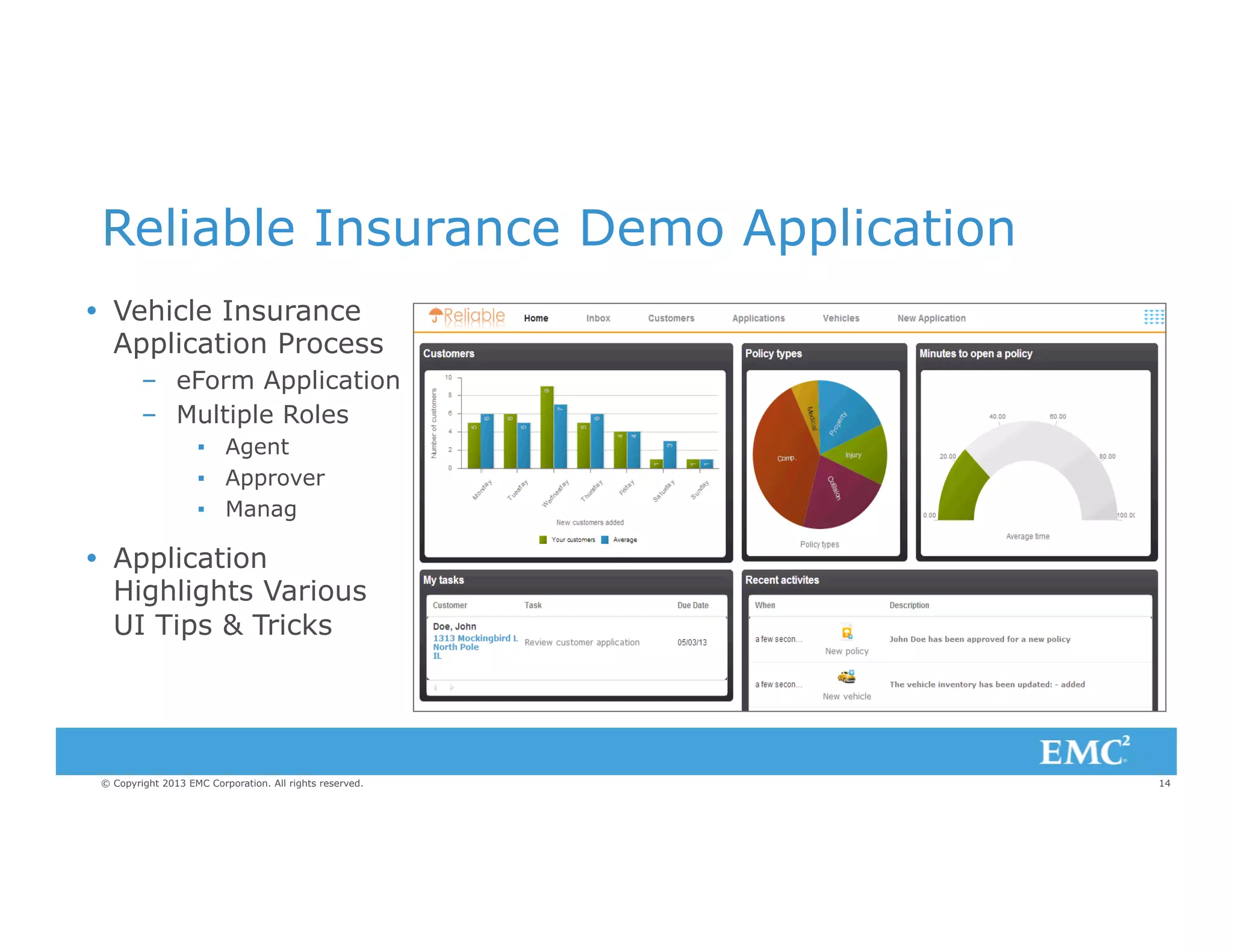 Reliable Insurance Demo Application
Ÿ  Vehicle Insurance
Application Process
–  eForm Application
–  Multiple Roles
▪  Agent
▪  Approver
▪  Manag

Ÿ  Application
Highlights Various
UI Tips & Tricks

© Copyright 2013 EMC Corporation. All rights reserved.

14

 