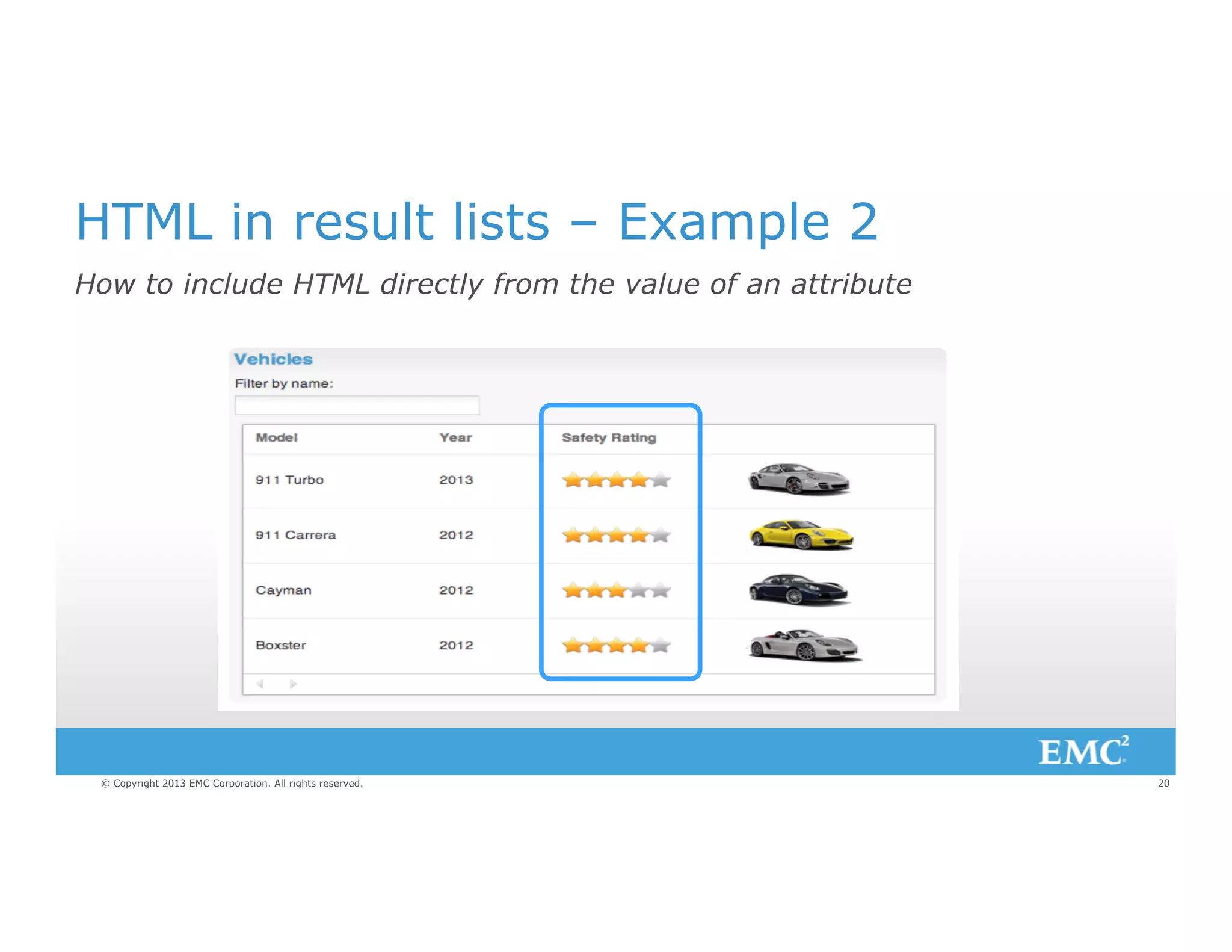 HTML in result lists – Example 2
How to include HTML directly from the value of an attribute

© Copyright 2013 EMC Corporation. All rights reserved.

20

 
