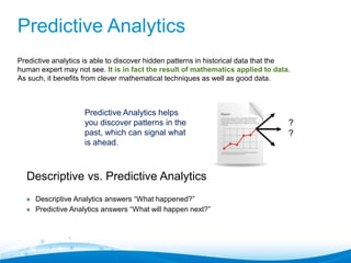 Predictive Analytics
Predictive analytics is able to discover hidden patterns in historical data that the
human expert may...