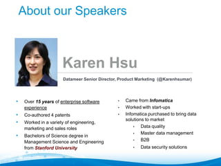 About our Speakers

Karen Hsu
Datameer Senior Director, Product Marketing (@Karenhsumar)

•

Over 15 years of enterprise s...