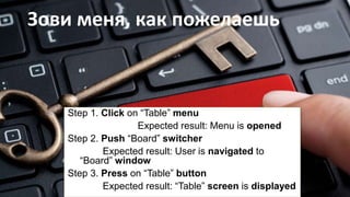 Зови меня, как пожелаешь
Step 1. Click on “Table” menu
Expected result: Menu is opened
Step 2. Push “Board” switcher
Expected result: User is navigated to
“Board” window
Step 3. Press on “Table” button
Expected result: “Table” screen is displayed
 
