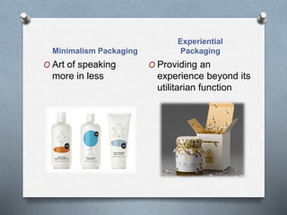 Minimalism Packaging
Experiential
Packaging
O Art of speaking
more in less
O Providing an
experience beyond its
utilitarian function
 