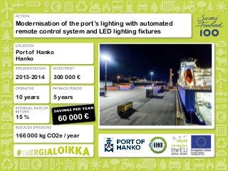 More information
Modernisation of the port’s lighting with automated
remote control system and LED lighting fixtures
Port of Hanko
Hanko
2013-2014
15 %
166 000 kg CO2e / year
300 000 €
10 years 5 years
 
