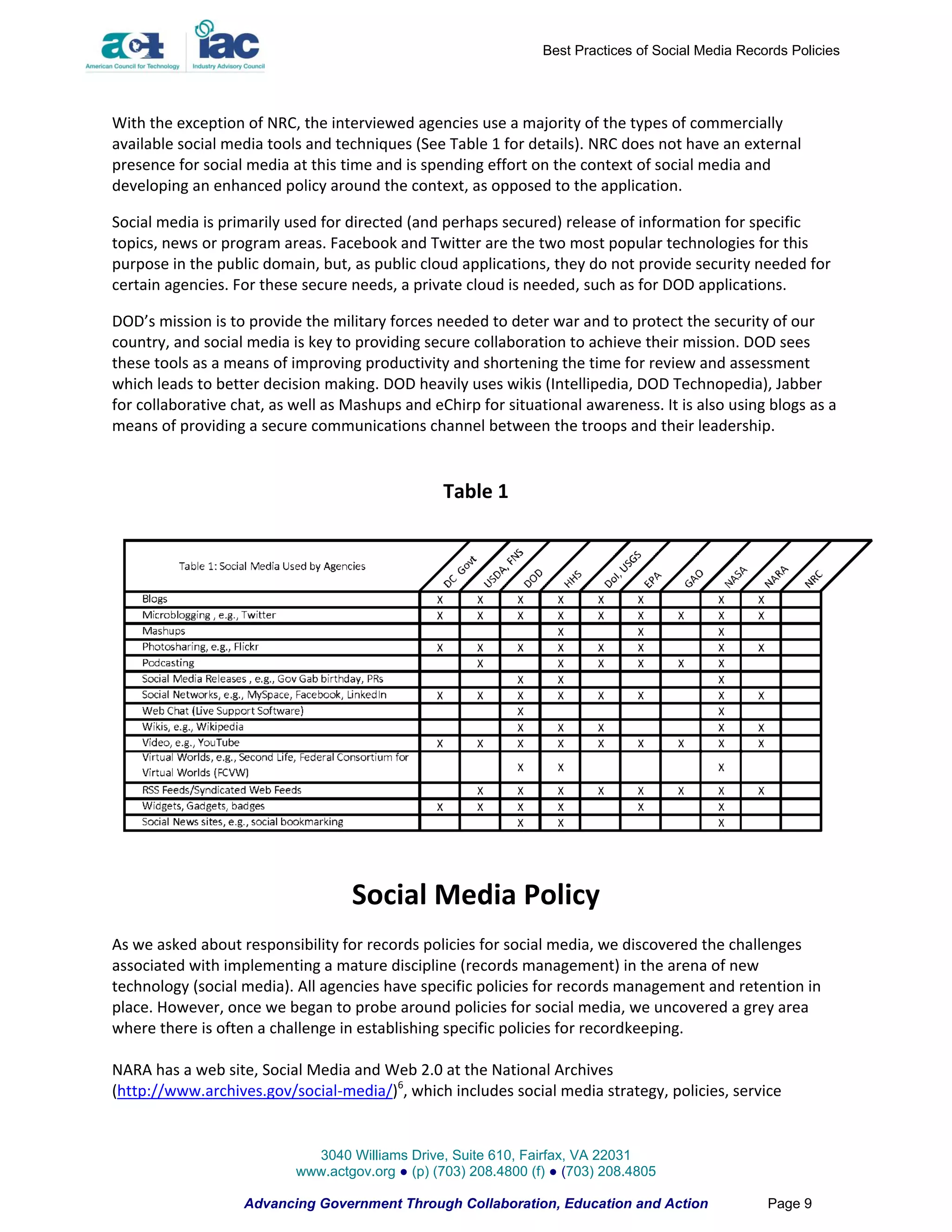 Best Practices of Social Media Records Policies




With the exception of NRC, the interviewed agencies use a majority of the types of commercially
available social media tools and techniques (See Table 1 for details). NRC does not have an external
presence for social media at this time and is spending effort on the context of social media and
developing an enhanced policy around the context, as opposed to the application.

Social media is primarily used for directed (and perhaps secured) release of information for specific
topics, news or program areas. Facebook and Twitter are the two most popular technologies for this
purpose in the public domain, but, as public cloud applications, they do not provide security needed for
certain agencies. For these secure needs, a private cloud is needed, such as for DOD applications.

DOD’s mission is to provide the military forces needed to deter war and to protect the security of our
country, and social media is key to providing secure collaboration to achieve their mission. DOD sees
these tools as a means of improving productivity and shortening the time for review and assessment
which leads to better decision making. DOD heavily uses wikis (Intellipedia, DOD Technopedia), Jabber
for collaborative chat, as well as Mashups and eChirp for situational awareness. It is also using blogs as a
means of providing a secure communications channel between the troops and their leadership.


                                                 Table 1




                                   Social Media Policy
As we asked about responsibility for records policies for social media, we discovered the challenges
associated with implementing a mature discipline (records management) in the arena of new
technology (social media). All agencies have specific policies for records management and retention in
place. However, once we began to probe around policies for social media, we uncovered a grey area
where there is often a challenge in establishing specific policies for recordkeeping.

NARA has a web site, Social Media and Web 2.0 at the National Archives
(http://www.archives.gov/social-media/)6, which includes social media strategy, policies, service


                             3040 Williams Drive, Suite 610, Fairfax, VA 22031
                           www.actgov.org ● (p) (703) 208.4800 (f) ● (703) 208.4805

                   Advancing Government Through Collaboration, Education and Action                 Page 9
 