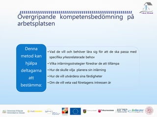 Övergripande kompetensbedömning på
arbetsplatsen
• Vad de vill och behöver lära sig för att de ska passa med
specifika yrkesrelaterade behov
• Vilka inlärningsstrategier föredrar de att tillämpa
• Hur de skulle vilja planera sin inlärning
• Hur de vill utvärdera sina färdigheter
• Om de vill veta vad företagens intressen är
Denna
metod kan
hjälpa
deltagarna
att
bestämma:
 