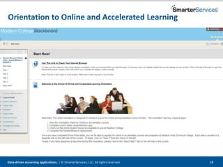 Data-driven eLearning applications. | © SmarterServices, LLC. All rights reserved. 18
Orientation to Online and Accelerated Learning
 